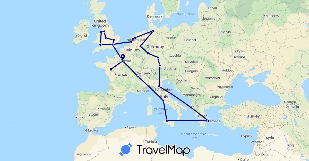 TravelMap itinerary: driving in Switzerland, Germany, France, United Kingdom, Greece, Italy, Netherlands (Europe)